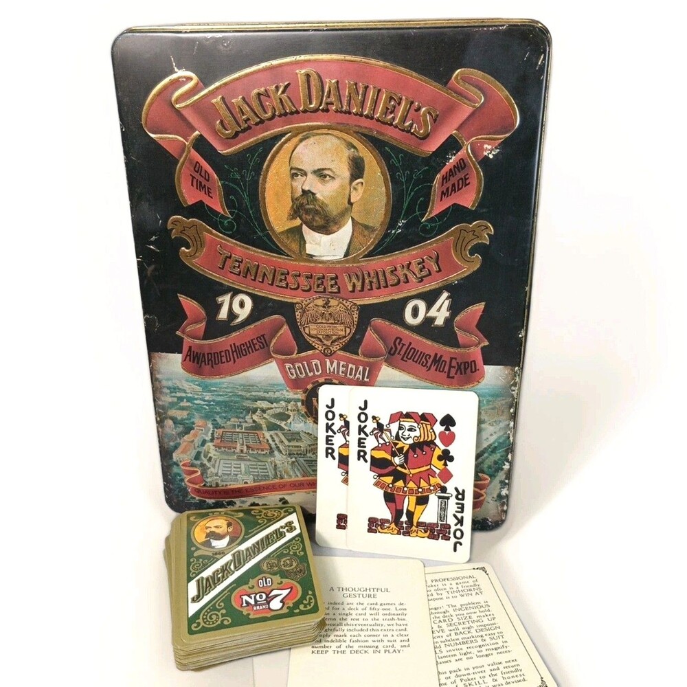Vtg Jack Daniels 1904 Gold Medal No. 7 Tennessee‎ Whiskey Hinged Tin Box W Cards